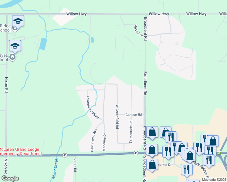 map of restaurants, bars, coffee shops, grocery stores, and more near 12420 West Greenfield Road in Lansing
