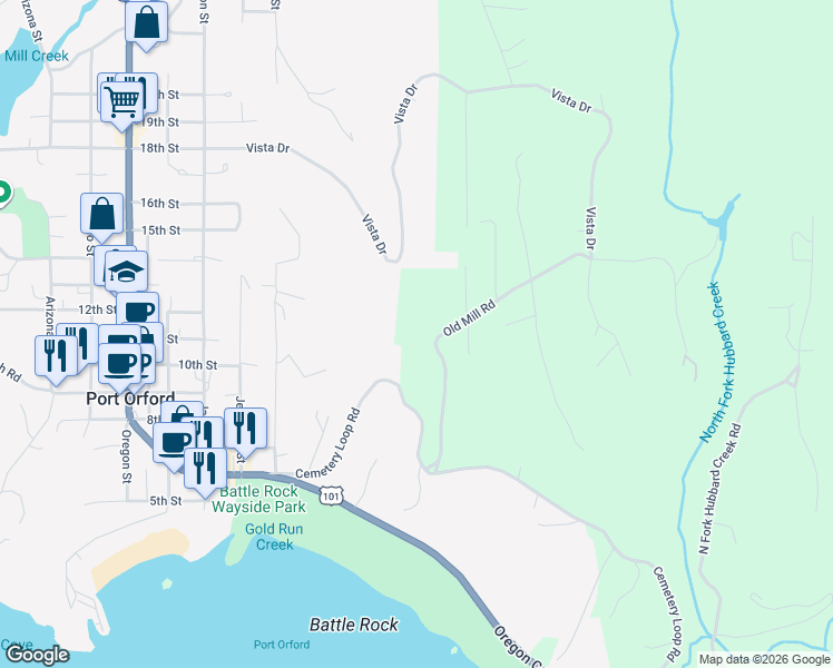 map of restaurants, bars, coffee shops, grocery stores, and more near 41950 Old Mill Road in Port Orford