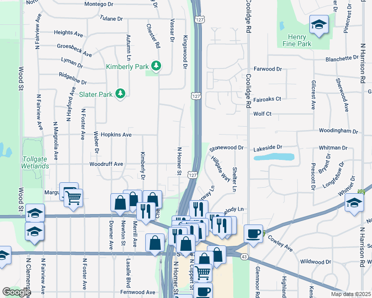 map of restaurants, bars, coffee shops, grocery stores, and more near 3019 Woodruff Avenue in Lansing