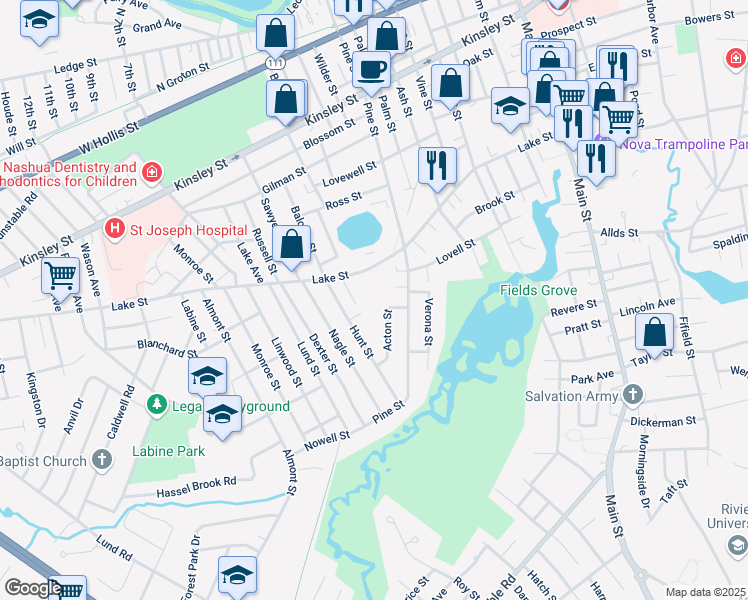 map of restaurants, bars, coffee shops, grocery stores, and more near 4 Acton Street in Nashua
