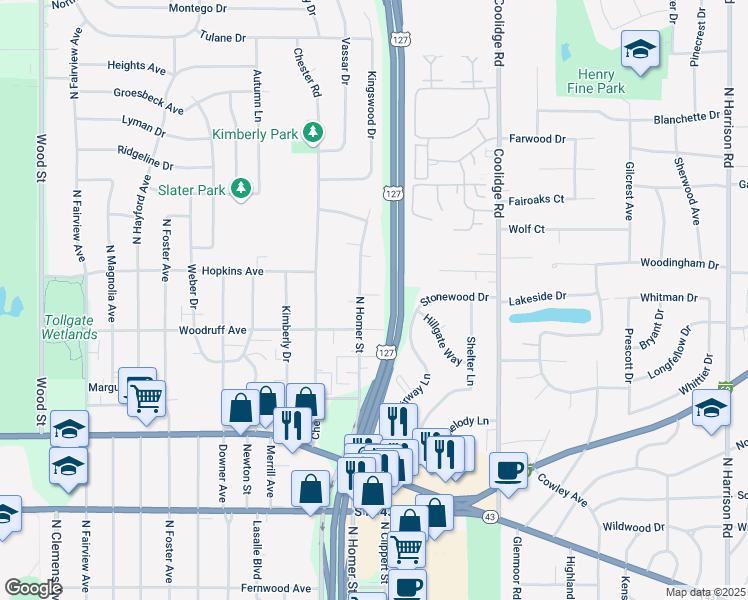 map of restaurants, bars, coffee shops, grocery stores, and more near 3019 Woodruff Avenue in Lansing