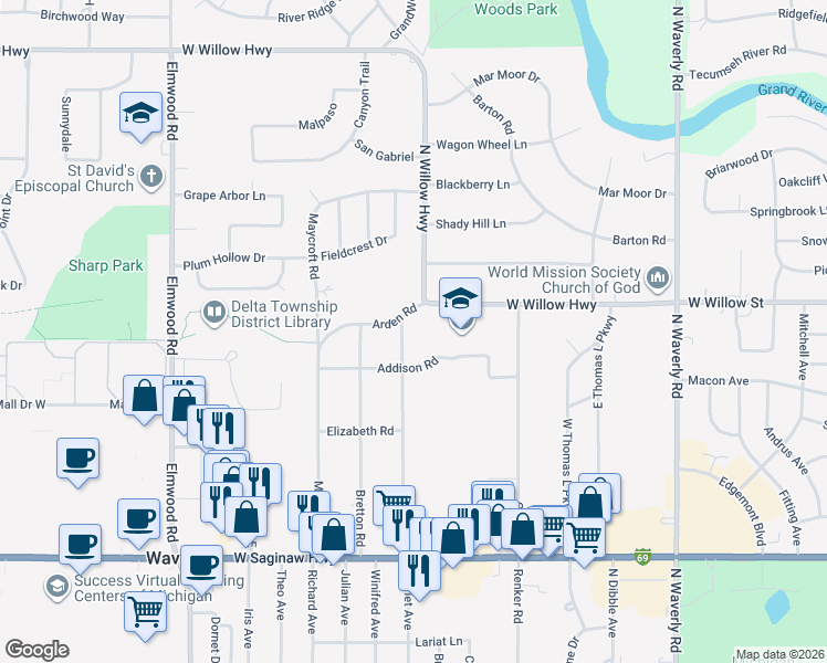 map of restaurants, bars, coffee shops, grocery stores, and more near 1117 Robins Road in Lansing