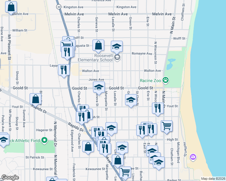map of restaurants, bars, coffee shops, grocery stores, and more near 2042 Lasalle Street in Racine