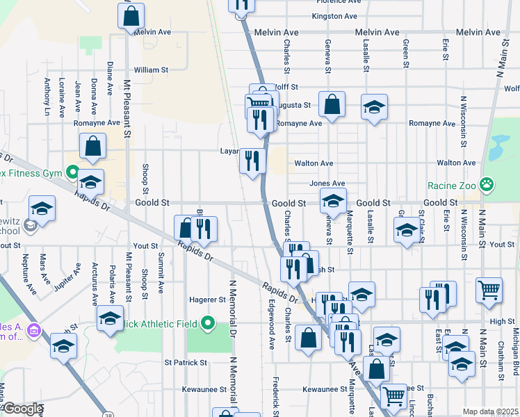 map of restaurants, bars, coffee shops, grocery stores, and more near 2049 Wisconsin 32 in Racine