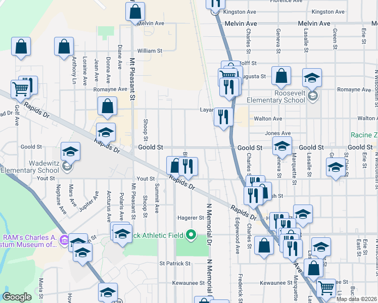 map of restaurants, bars, coffee shops, grocery stores, and more near 2040 Blake Avenue in Racine