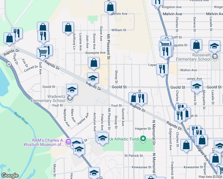 map of restaurants, bars, coffee shops, grocery stores, and more near 2024 Rapids Drive in Racine