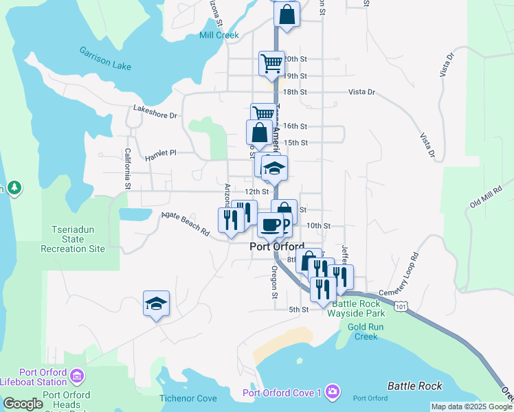 map of restaurants, bars, coffee shops, grocery stores, and more near 1028 Idaho Street in Port Orford