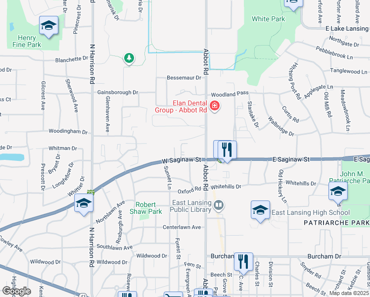 map of restaurants, bars, coffee shops, grocery stores, and more near 230 West Saginaw Street in East Lansing
