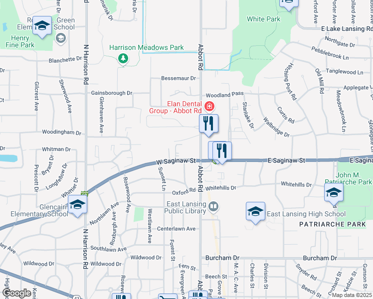 map of restaurants, bars, coffee shops, grocery stores, and more near 1305 Abbot Road in East Lansing