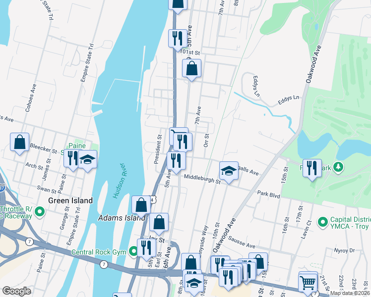 map of restaurants, bars, coffee shops, grocery stores, and more near 3026 6th Avenue in Troy