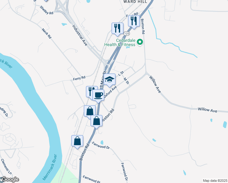 map of restaurants, bars, coffee shops, grocery stores, and more near 1081 Boston Road in Haverhill