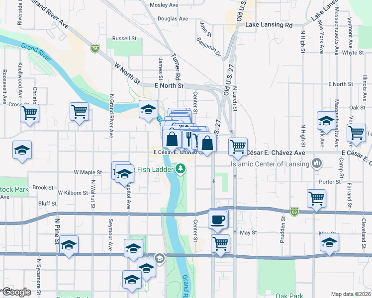 map of restaurants, bars, coffee shops, grocery stores, and more near 313 1/2 East César E. Chávez Avenue in Lansing