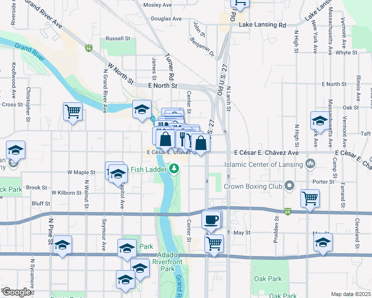 map of restaurants, bars, coffee shops, grocery stores, and more near 226 East Grand River Avenue in Lansing