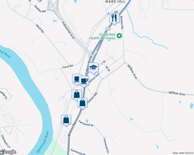 map of restaurants, bars, coffee shops, grocery stores, and more near 1081 Boston Road in Haverhill