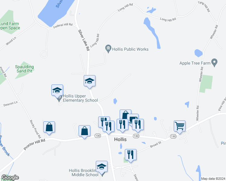 map of restaurants, bars, coffee shops, grocery stores, and more near 11 Pound Road in Hollis