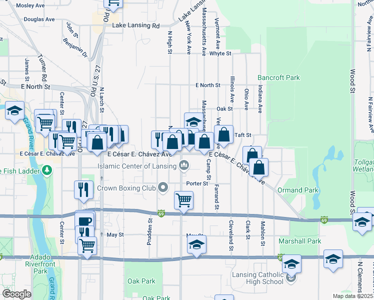 map of restaurants, bars, coffee shops, grocery stores, and more near 1016 East César E. Chávez Avenue in Lansing