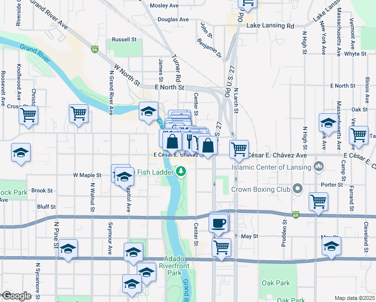map of restaurants, bars, coffee shops, grocery stores, and more near 226 East Grand River Avenue in Lansing