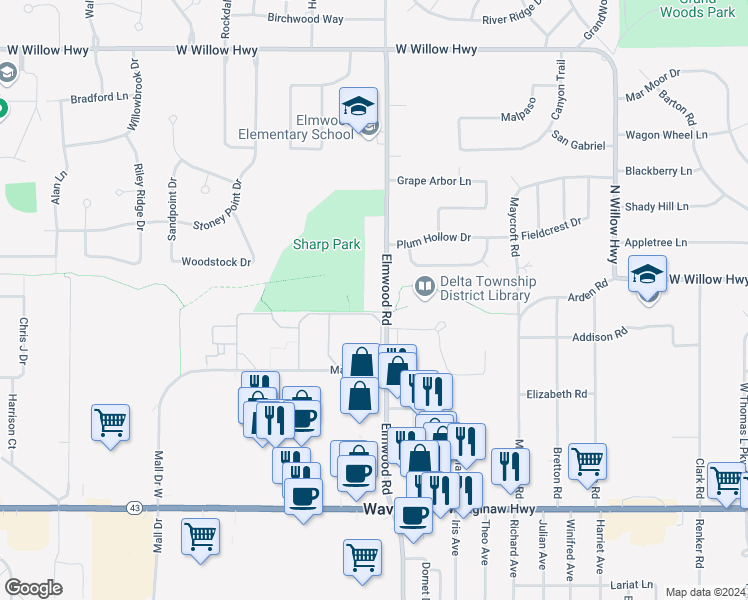 map of restaurants, bars, coffee shops, grocery stores, and more near 1207 Elmwood Road in Lansing