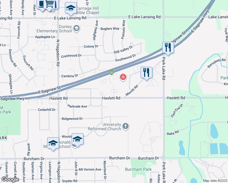 map of restaurants, bars, coffee shops, grocery stores, and more near 1223 Deer Path Lane in East Lansing