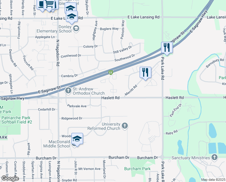 map of restaurants, bars, coffee shops, grocery stores, and more near 1223 Deer Path Lane in East Lansing