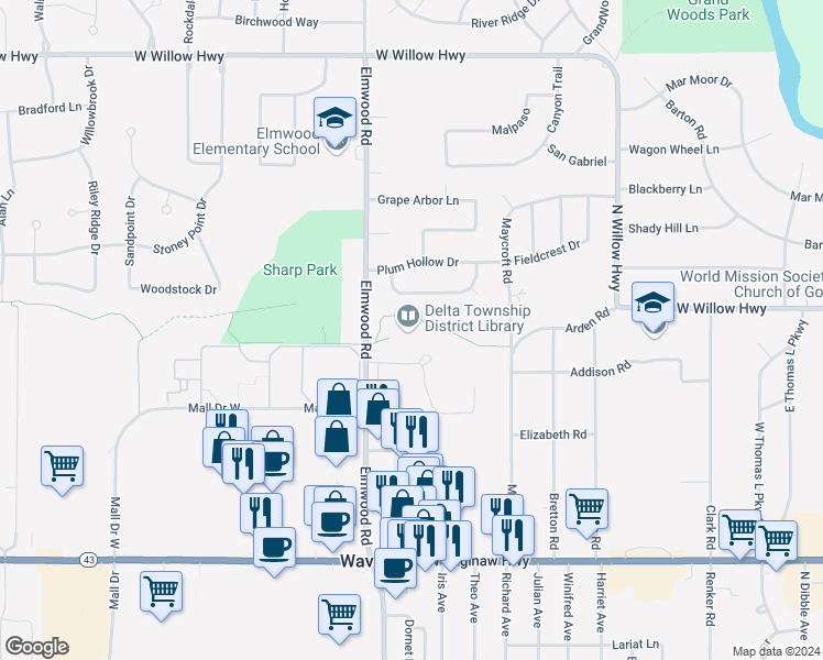 map of restaurants, bars, coffee shops, grocery stores, and more near 5130 Davenport Drive in Lansing