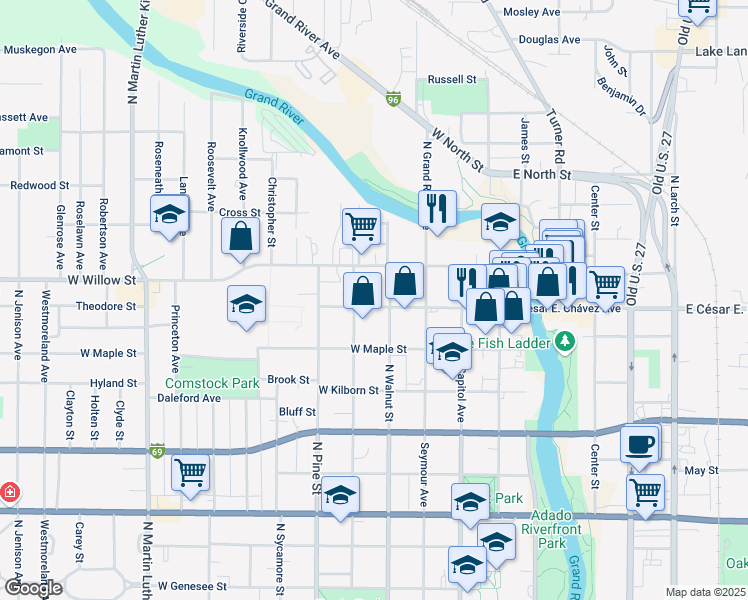 map of restaurants, bars, coffee shops, grocery stores, and more near 412 West César E. Chávez Avenue in Lansing