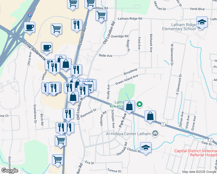 map of restaurants, bars, coffee shops, grocery stores, and more near Green Island Avenue & Scully Avenue in Latham