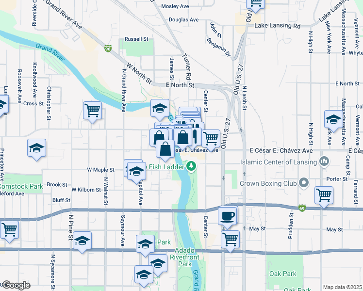 map of restaurants, bars, coffee shops, grocery stores, and more near 201 East Grand River Avenue in Lansing