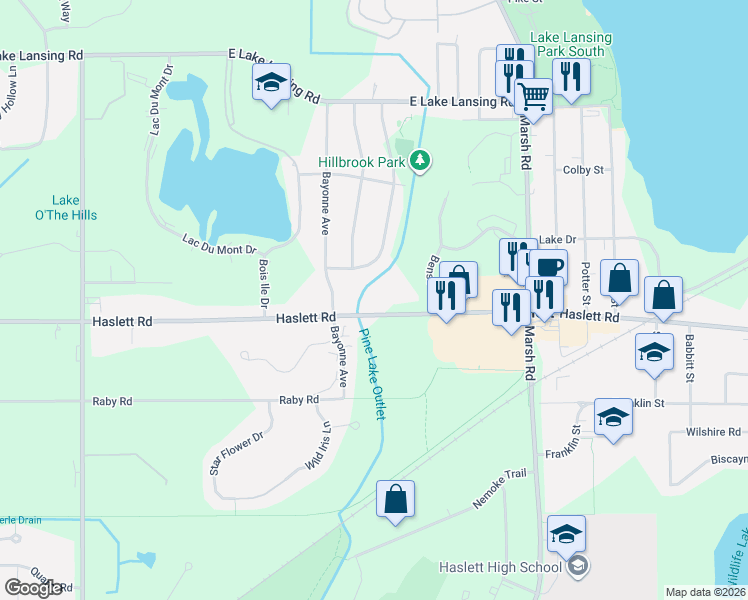 map of restaurants, bars, coffee shops, grocery stores, and more near 5700 Bayonne Avenue in Meridian charter Township