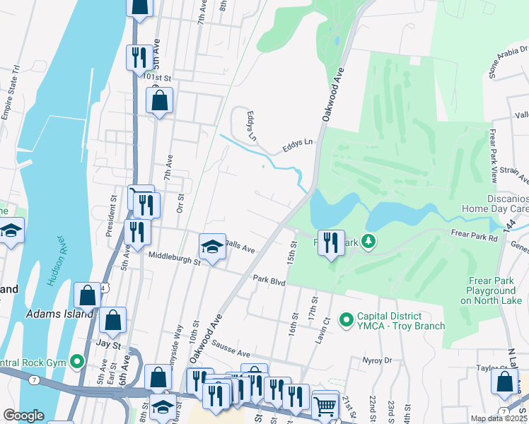 map of restaurants, bars, coffee shops, grocery stores, and more near 9 Frear Avenue in Troy