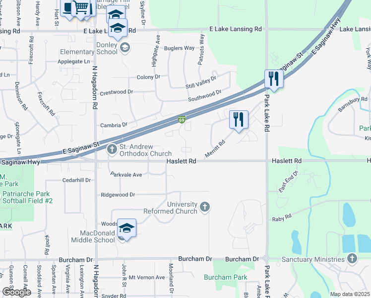 map of restaurants, bars, coffee shops, grocery stores, and more near 1227 Deer Path Lane in East Lansing