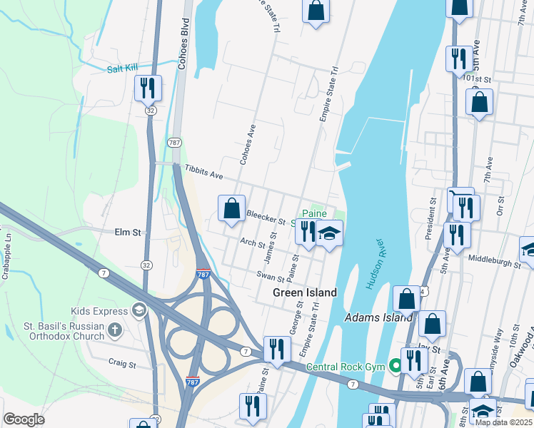 map of restaurants, bars, coffee shops, grocery stores, and more near 69 James Street in Green Island