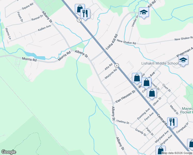map of restaurants, bars, coffee shops, grocery stores, and more near 4122 Albany Street in Albany