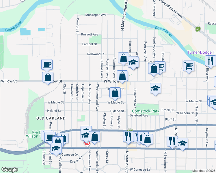 map of restaurants, bars, coffee shops, grocery stores, and more near 1224 Glenn Street in Lansing