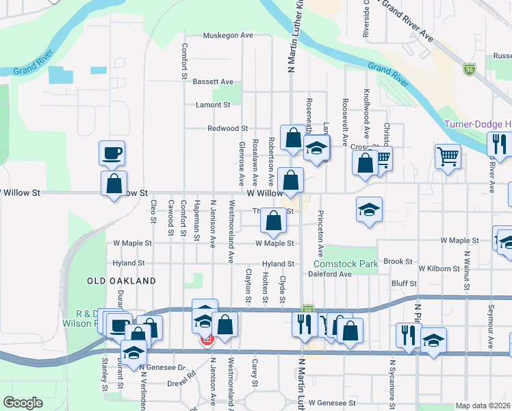 map of restaurants, bars, coffee shops, grocery stores, and more near 1224 Glenn Street in Lansing