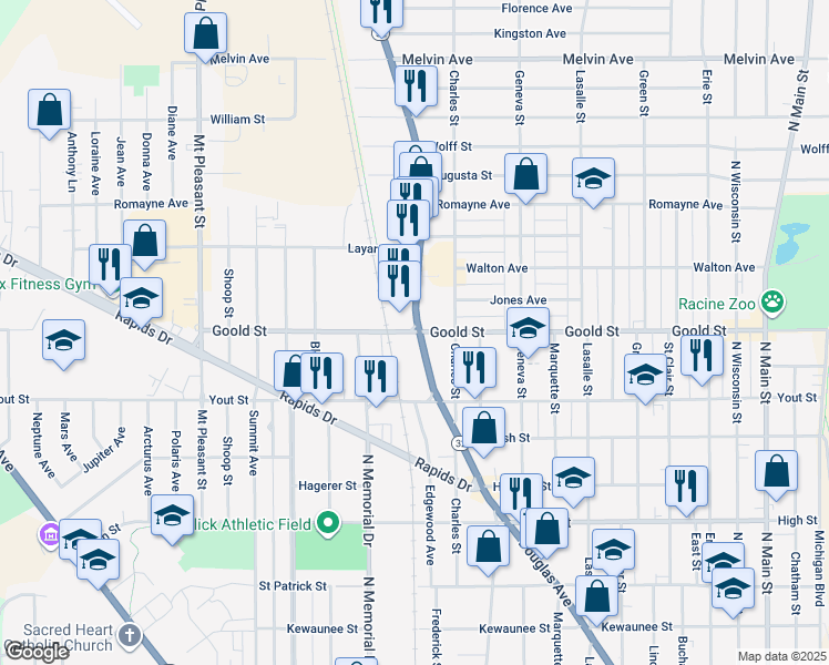 map of restaurants, bars, coffee shops, grocery stores, and more near 2049 Wisconsin 32 in Racine