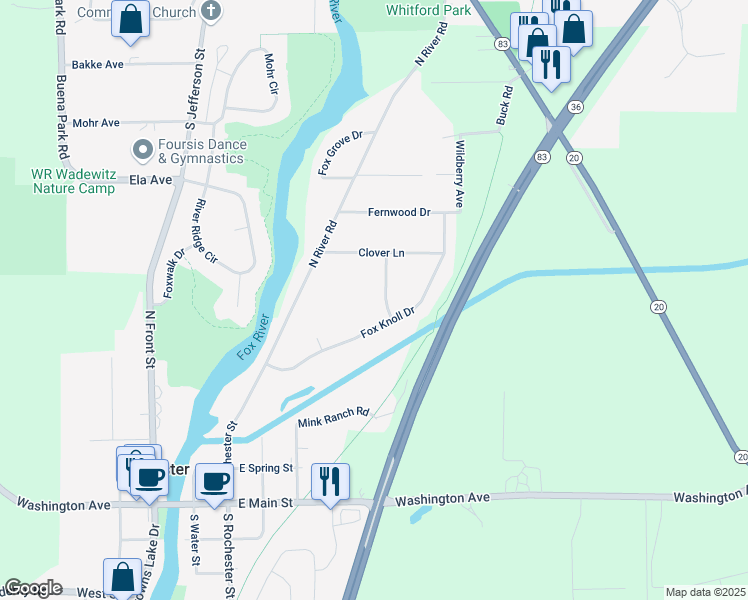 map of restaurants, bars, coffee shops, grocery stores, and more near 602 Fox Knoll Drive in Waterford
