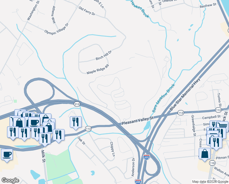 map of restaurants, bars, coffee shops, grocery stores, and more near 142 Pleasant Valley Street in Methuen