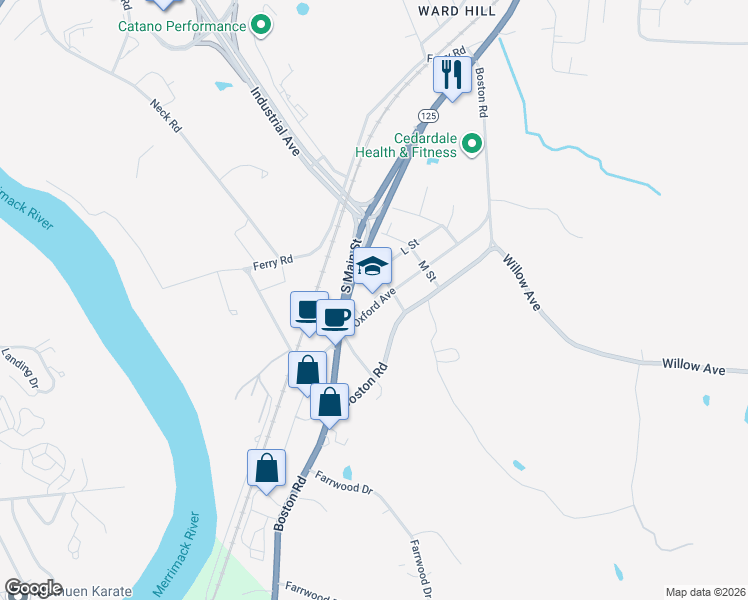 map of restaurants, bars, coffee shops, grocery stores, and more near 27 S Street in Haverhill