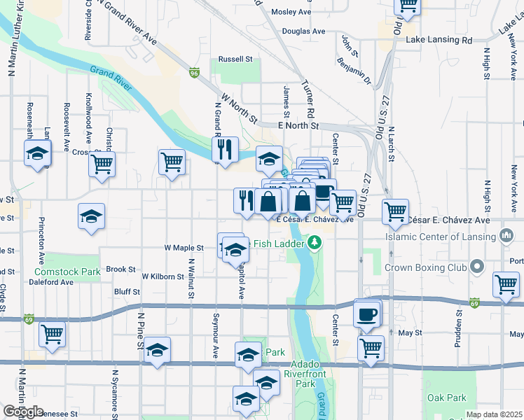 map of restaurants, bars, coffee shops, grocery stores, and more near 108 West Grand River Avenue in Lansing