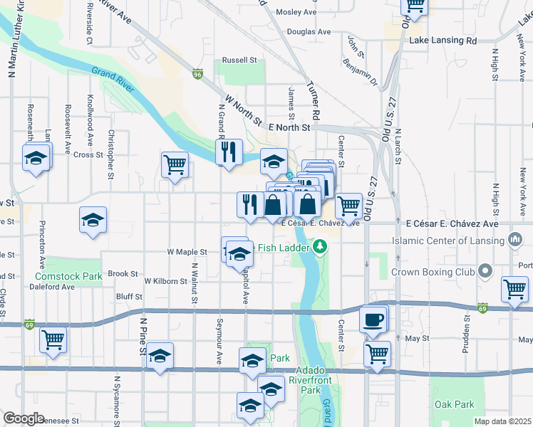 map of restaurants, bars, coffee shops, grocery stores, and more near 108 West Grand River Avenue in Lansing