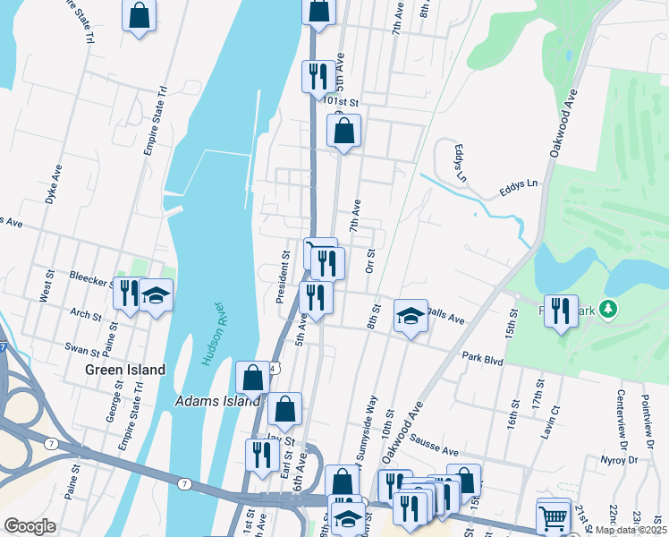 map of restaurants, bars, coffee shops, grocery stores, and more near 3074 6th Avenue in Troy