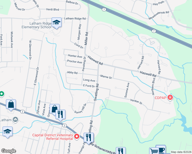 map of restaurants, bars, coffee shops, grocery stores, and more near 6 Lawrence Avenue in Latham