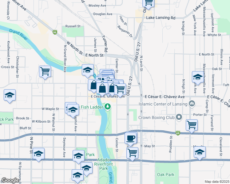 map of restaurants, bars, coffee shops, grocery stores, and more near 1232 Turner Road in Lansing