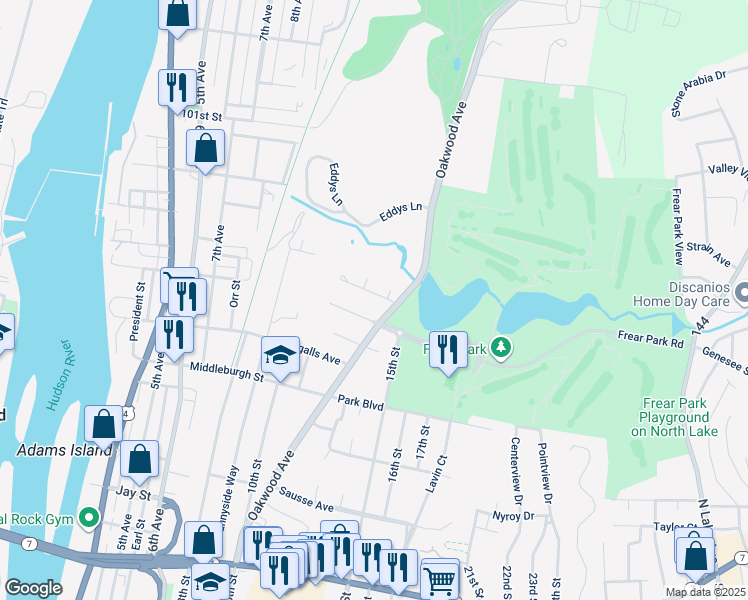 map of restaurants, bars, coffee shops, grocery stores, and more near 4 Summit Avenue in Troy
