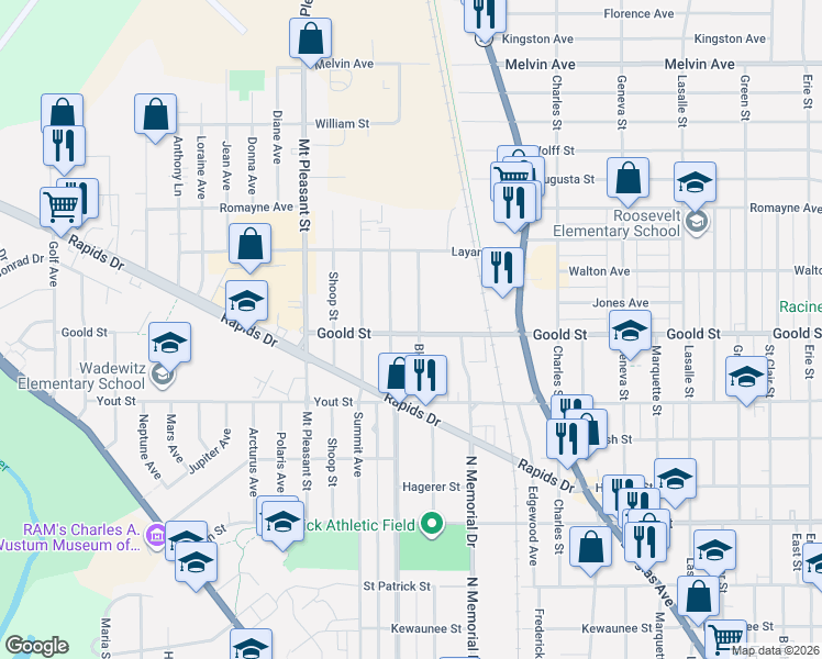 map of restaurants, bars, coffee shops, grocery stores, and more near 2120 Blake Avenue in Racine