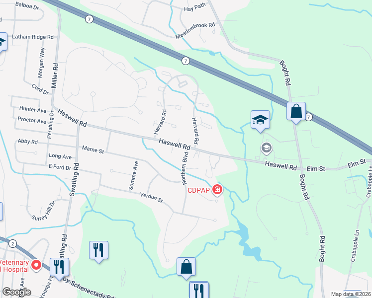 map of restaurants, bars, coffee shops, grocery stores, and more near 64 Haswell Road in Watervliet