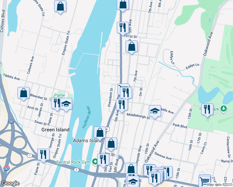 map of restaurants, bars, coffee shops, grocery stores, and more near 767 River Street in Troy