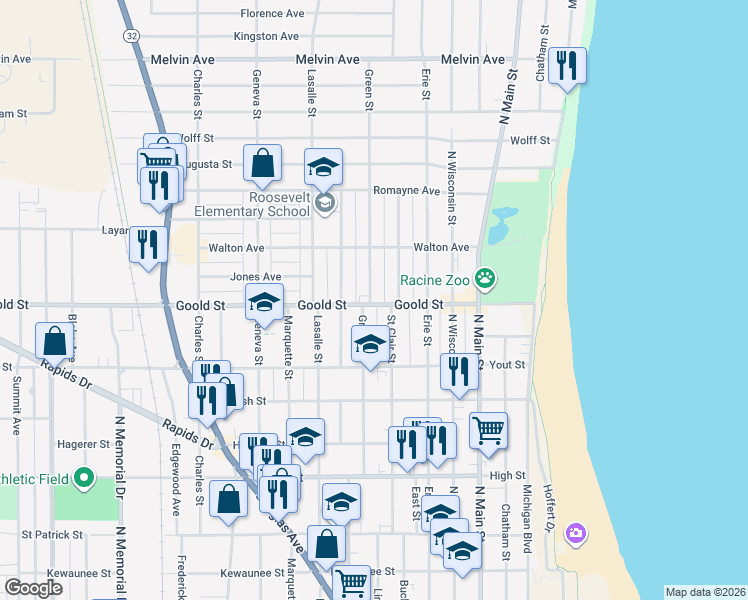 map of restaurants, bars, coffee shops, grocery stores, and more near 2123 Green Street in Racine