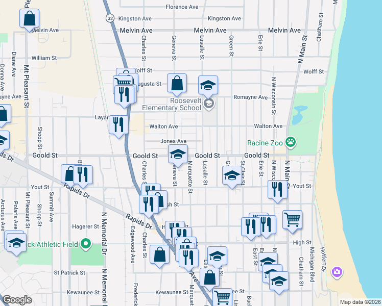 map of restaurants, bars, coffee shops, grocery stores, and more near 1111 Jones Avenue in Racine